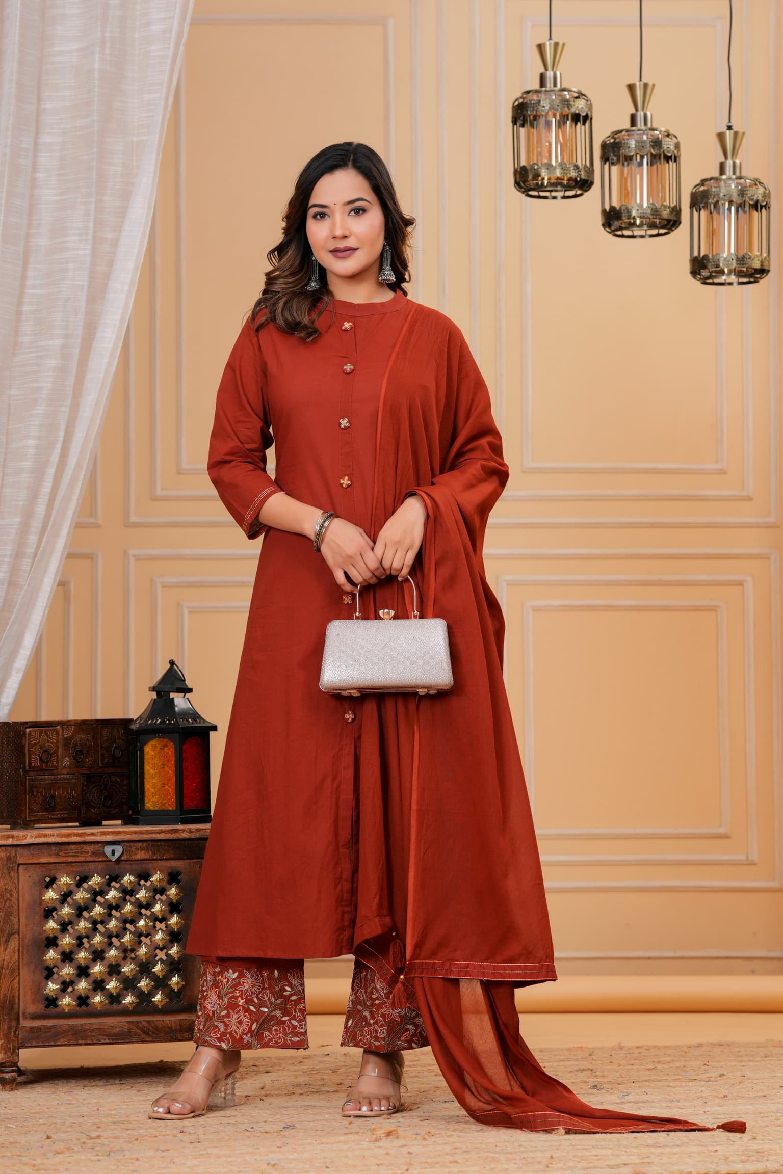 Rust Embroidered Kurta Set view 6