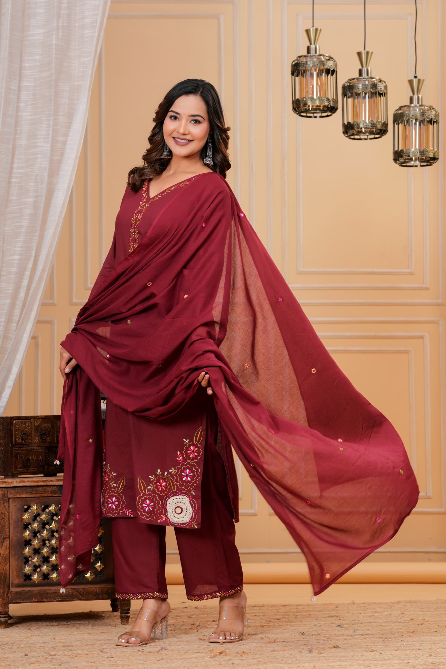 Maroon Embroidered Kurta Set view 2