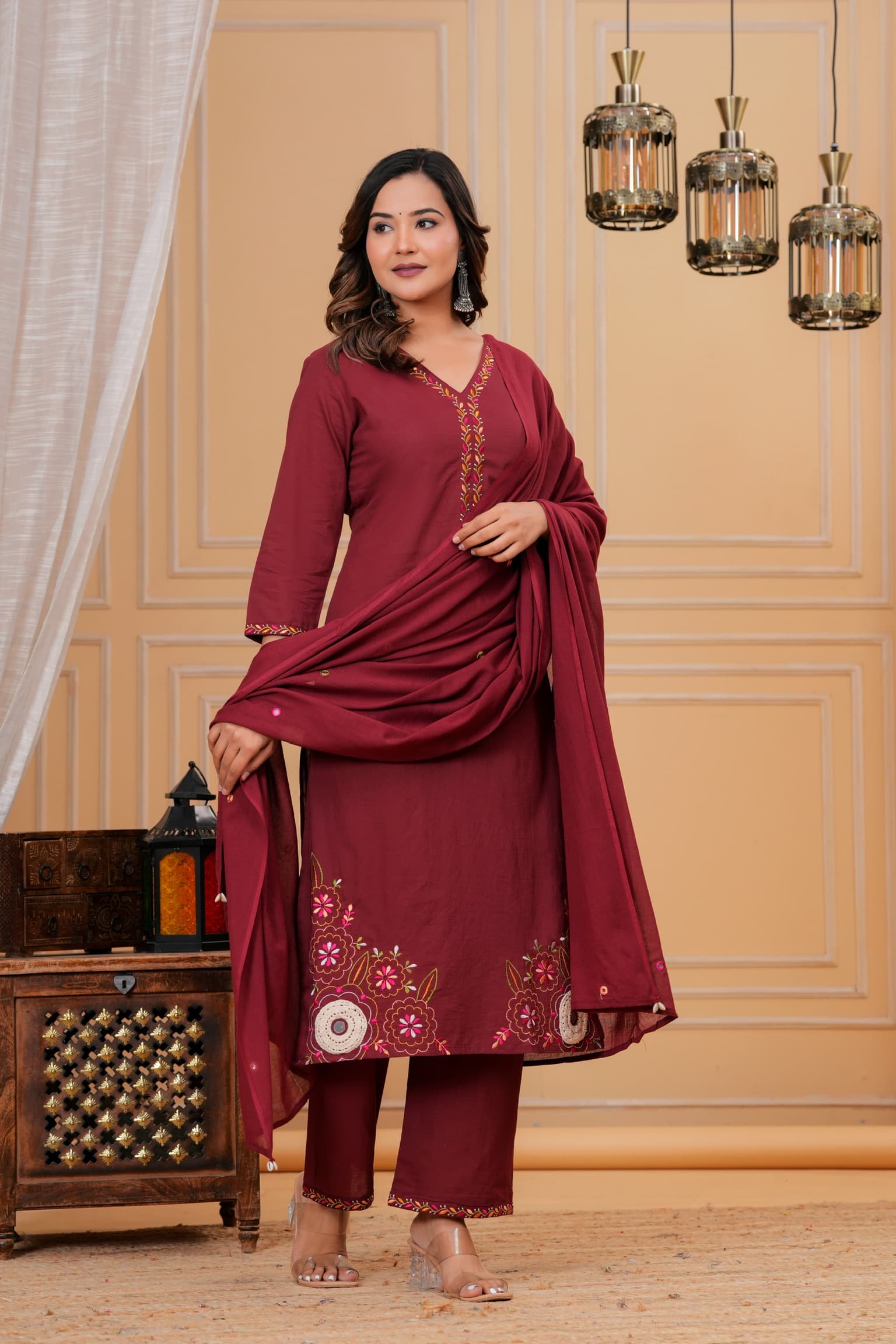 Maroon Embroidered Kurta Set view 4