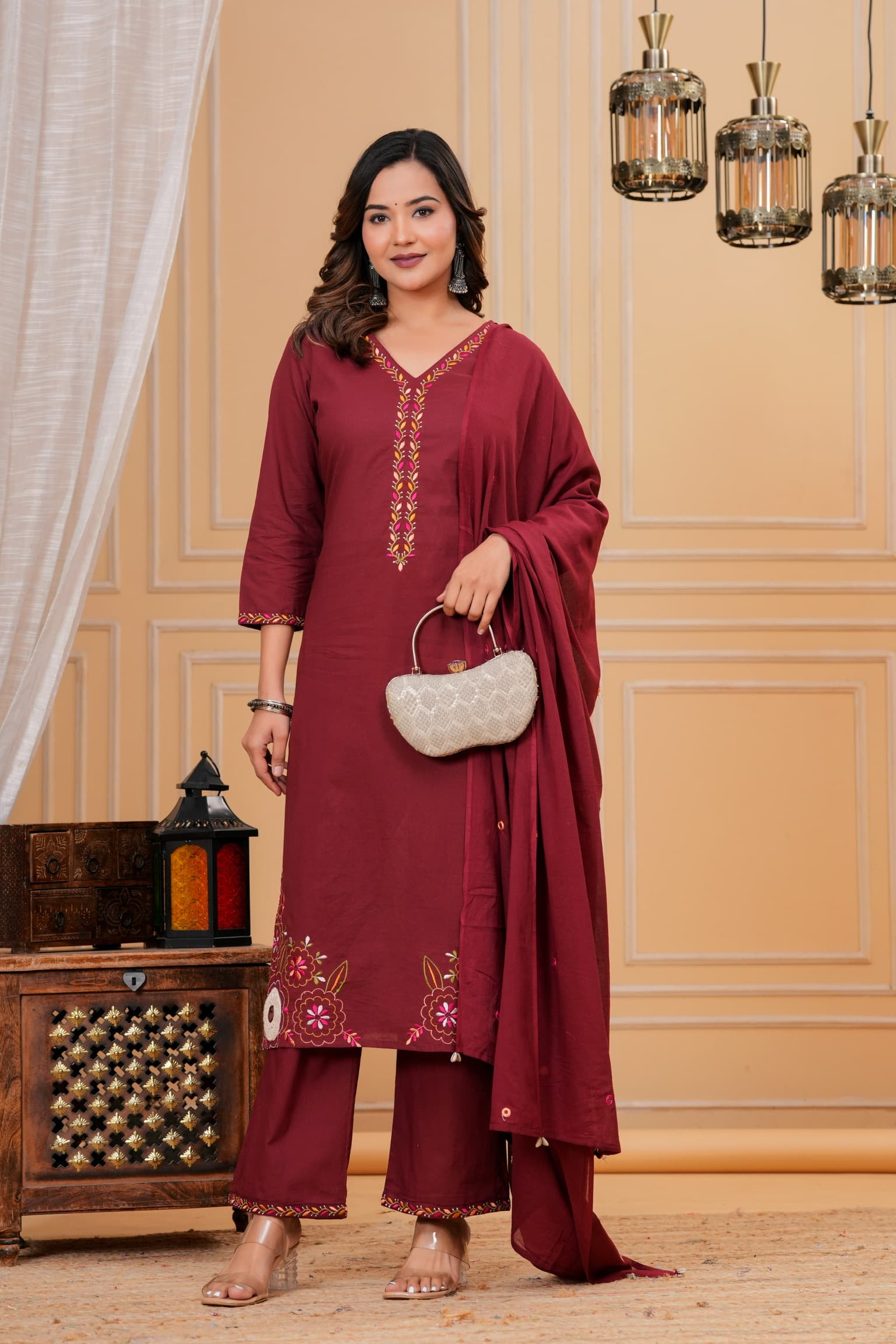 Maroon Embroidered Kurta Set view 6