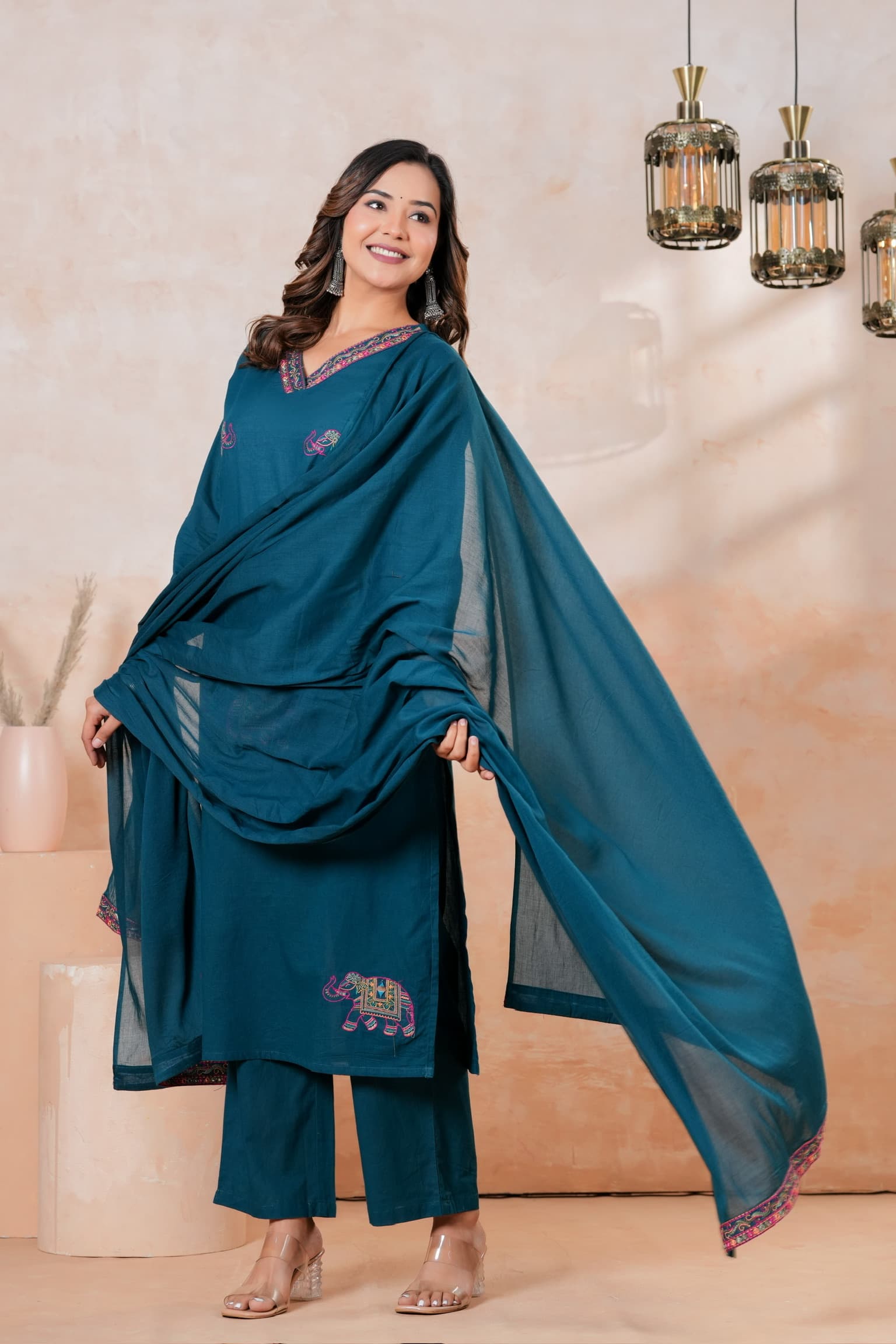 Teal Blue Embroidered Kurta Set