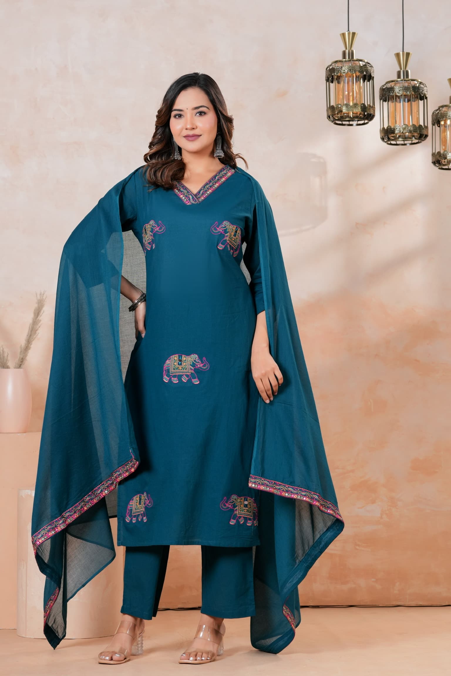 Teal Blue Embroidered Kurta Set view 2