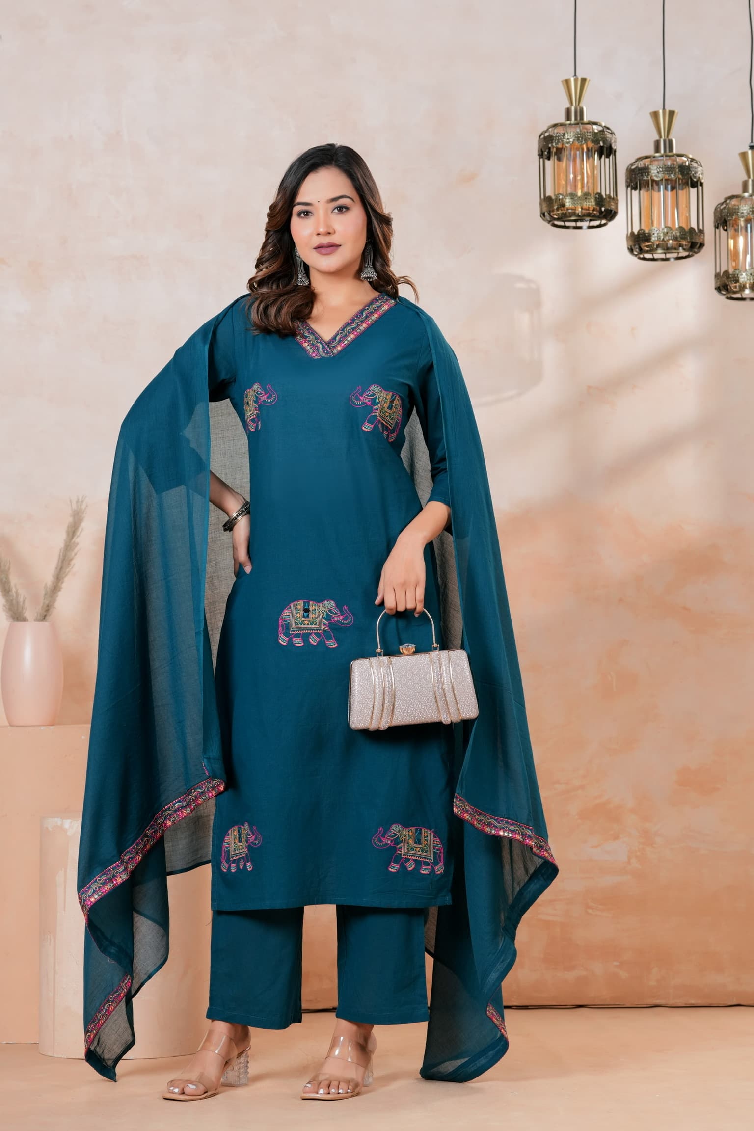 Teal Blue Embroidered Kurta Set view 3