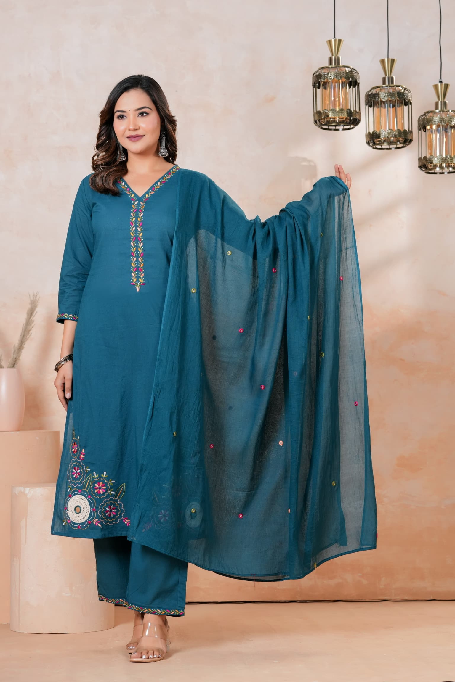 Teal Blue Embroidered Kurta Set view 4