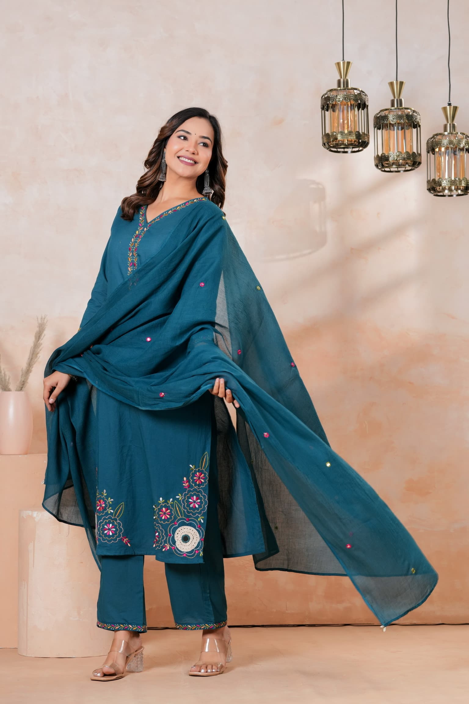 Teal Blue Embroidered Kurta Set view 5