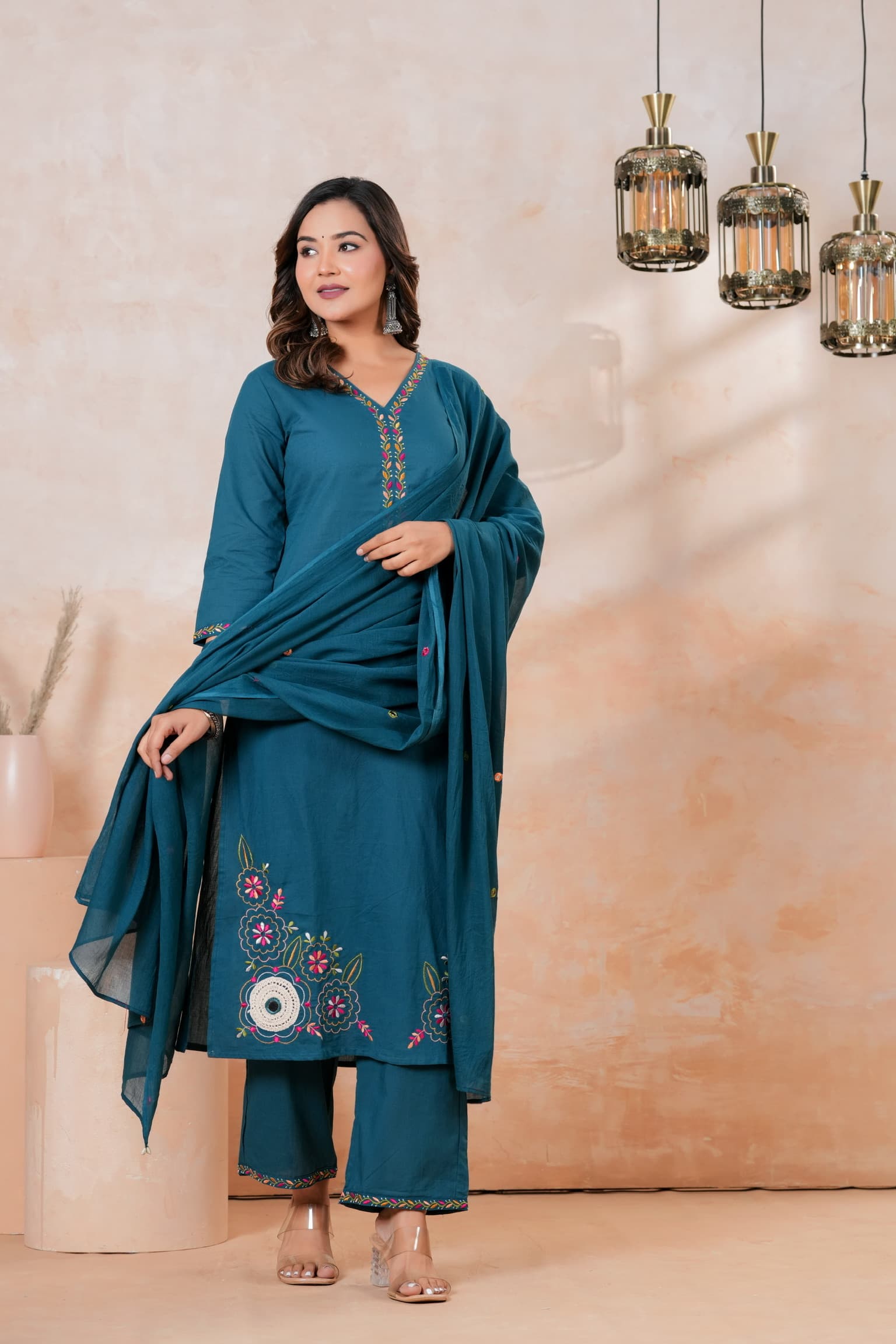 Teal Blue Embroidered Kurta Set view 6