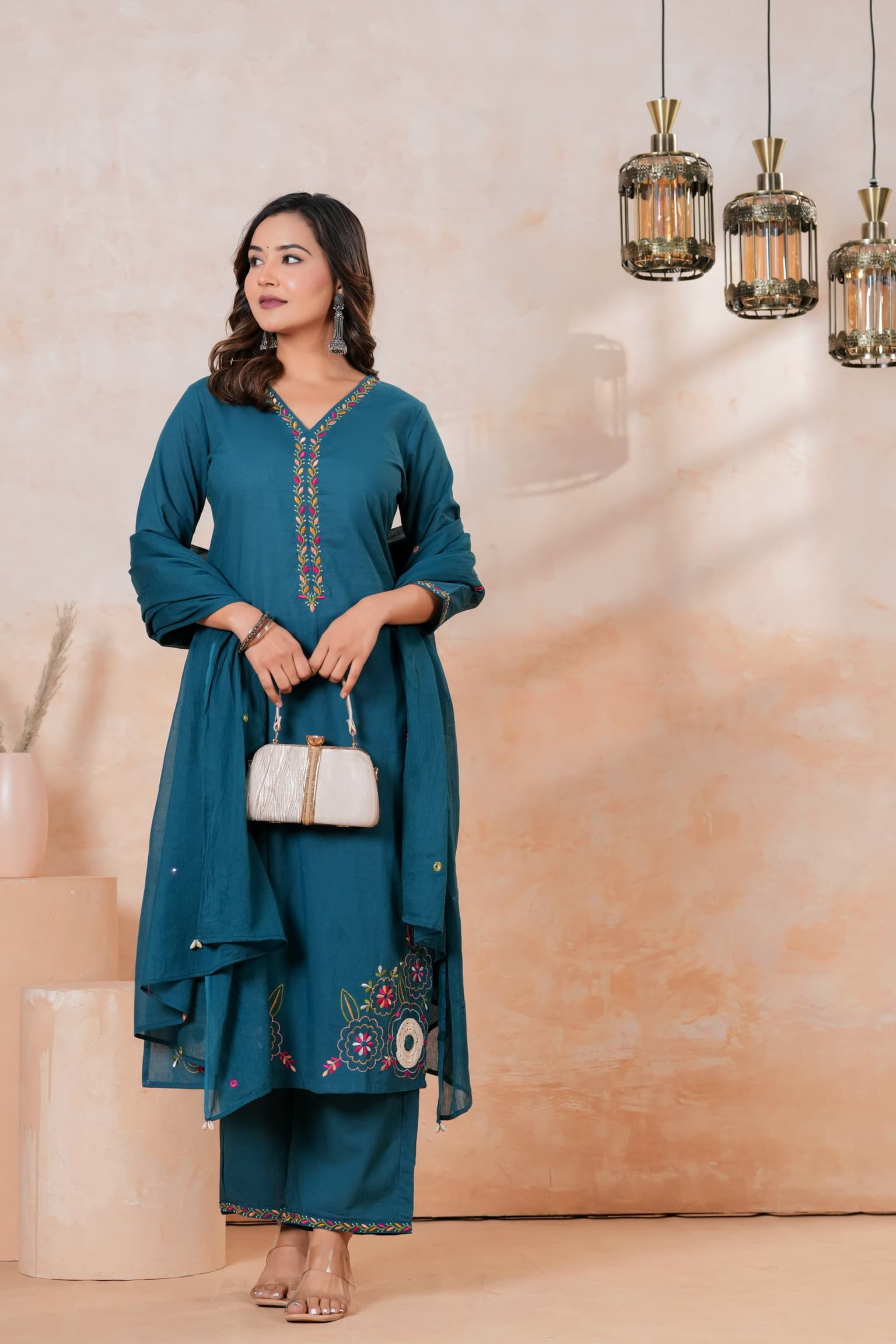 Teal Blue Embroidered Kurta Set view 7