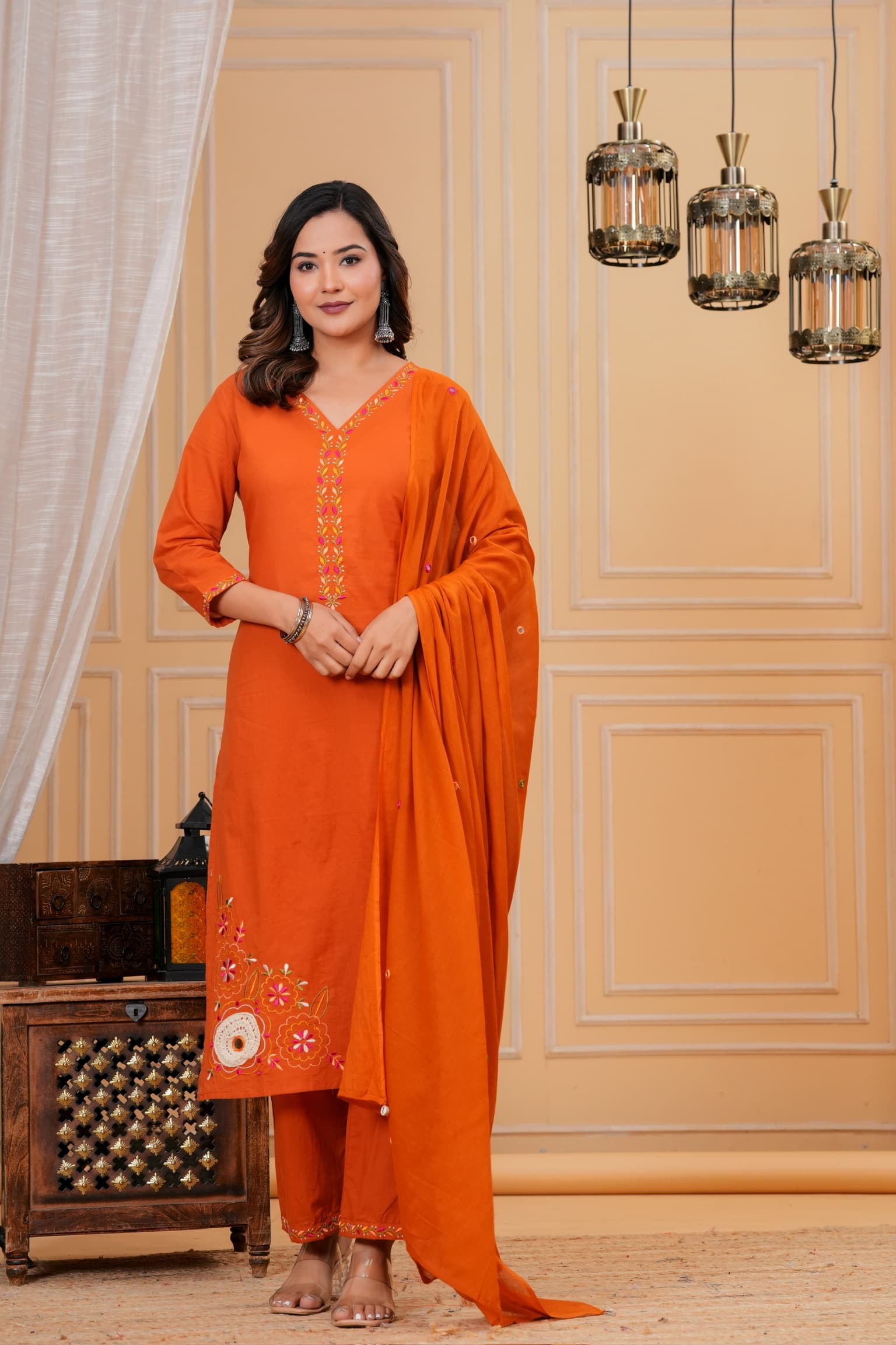 Terracotta Embroidered Kurta Set view 2