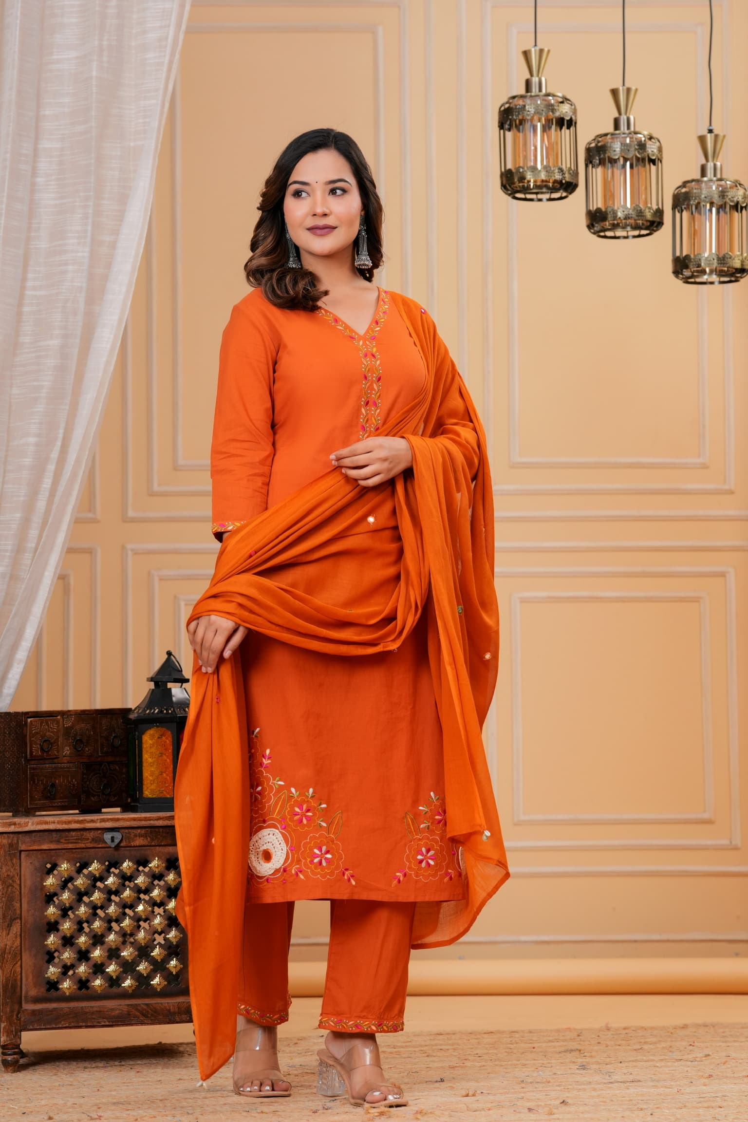 Terracotta Embroidered Kurta Set view 4