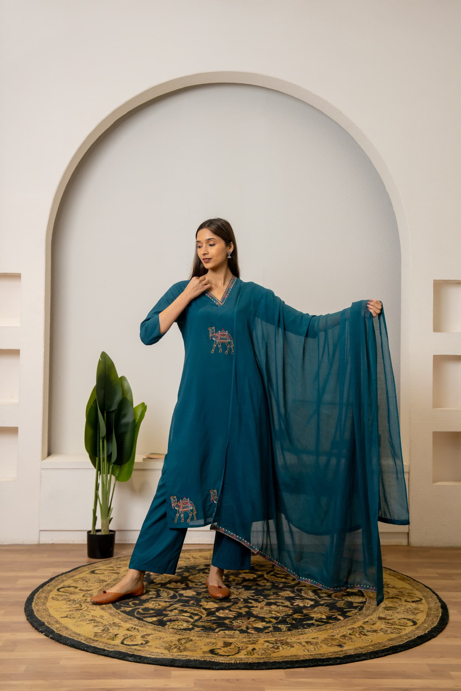 Teal Blue Embroidered Kurta Set view 3