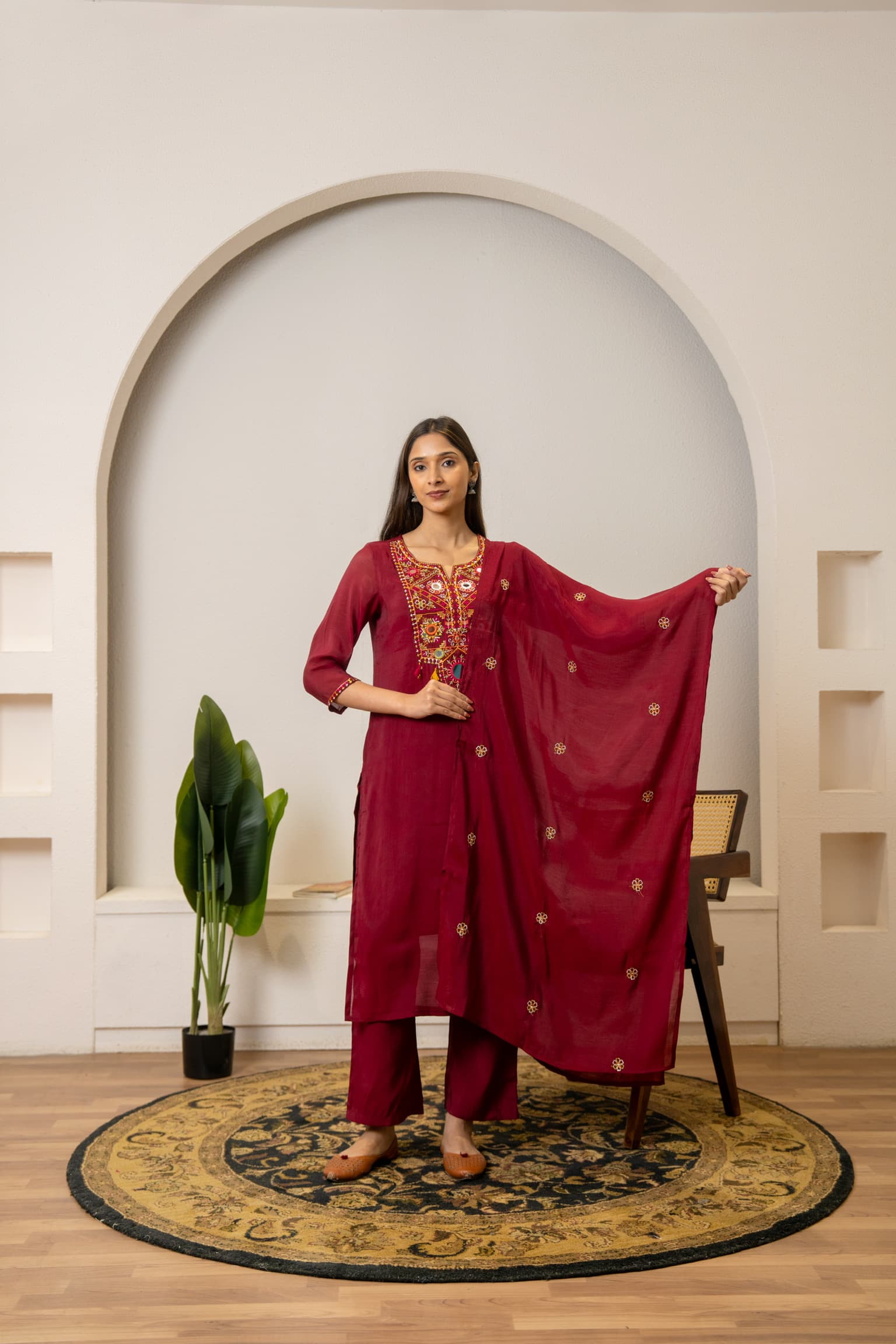 Maroon Embroidered Kurta Set view 2