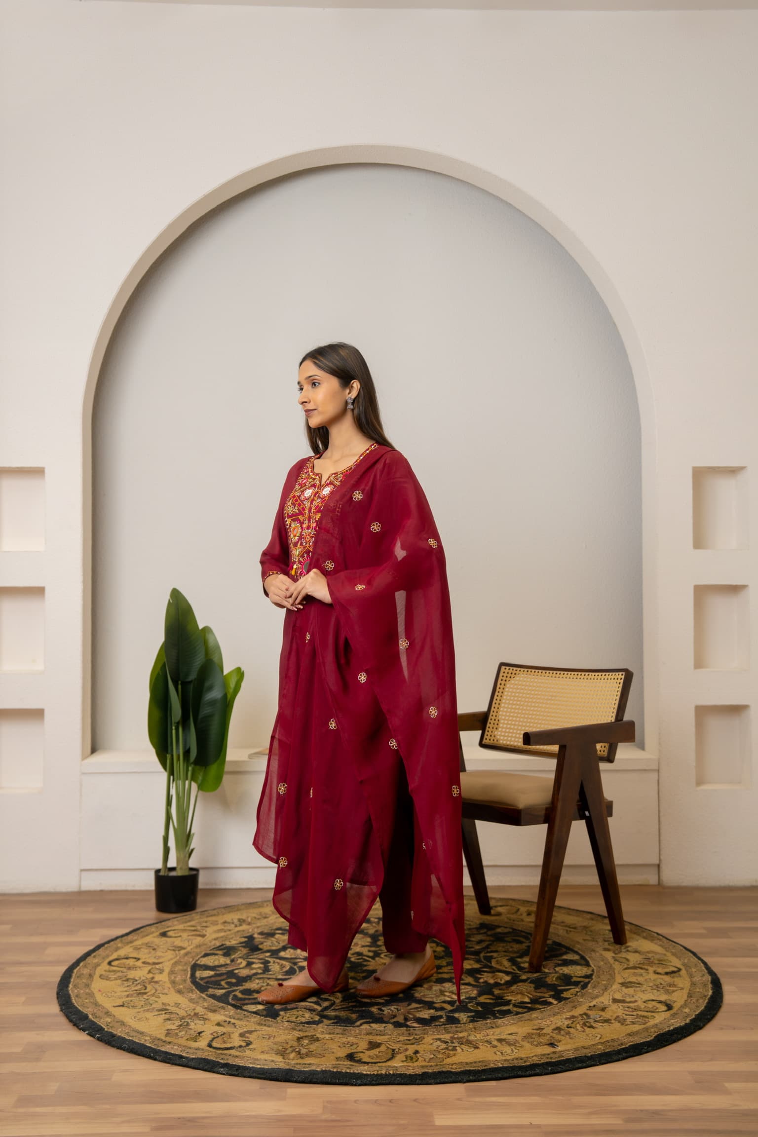 Maroon Embroidered Kurta Set view 3