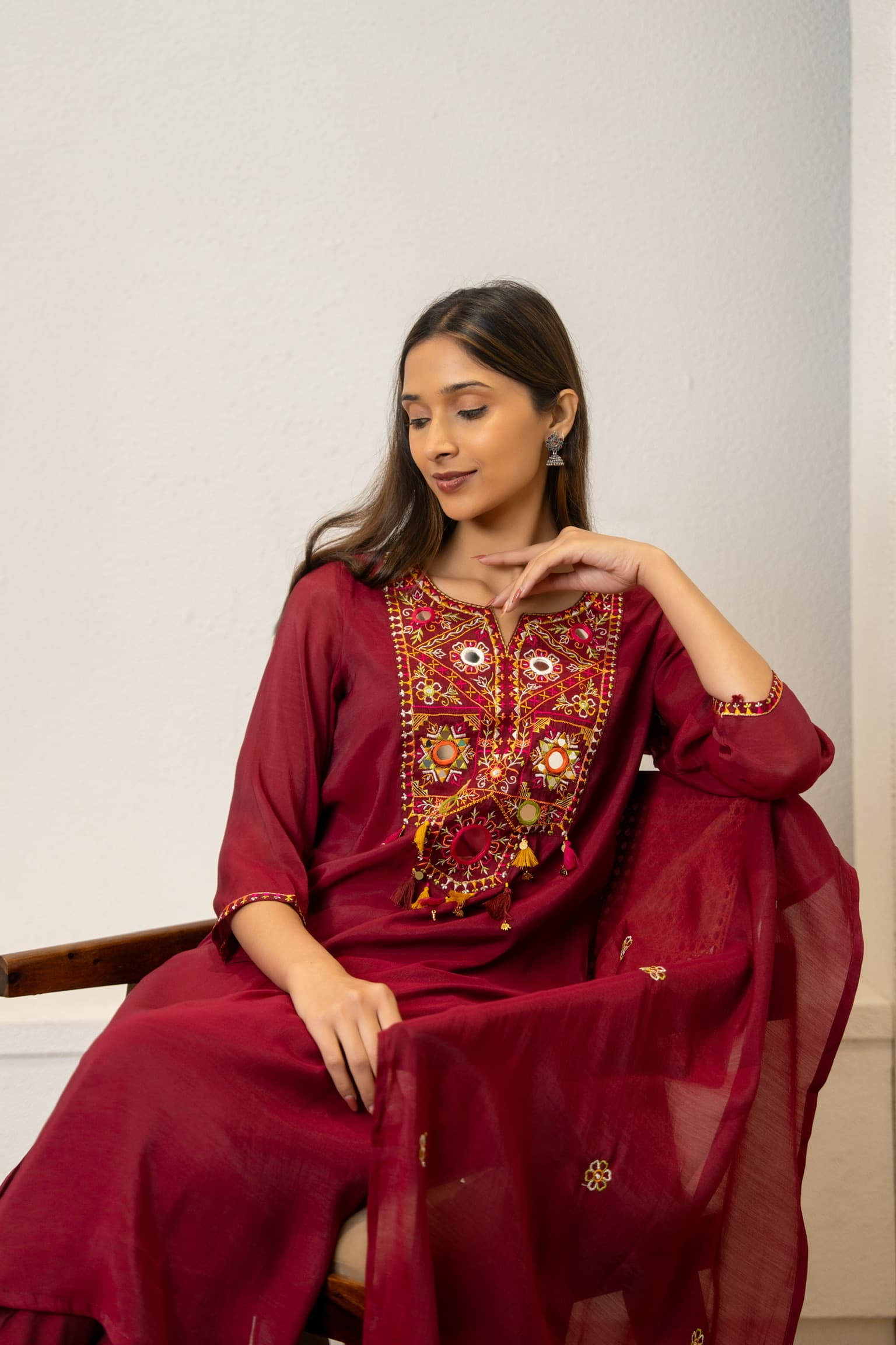 Maroon Embroidered Kurta Set view 4