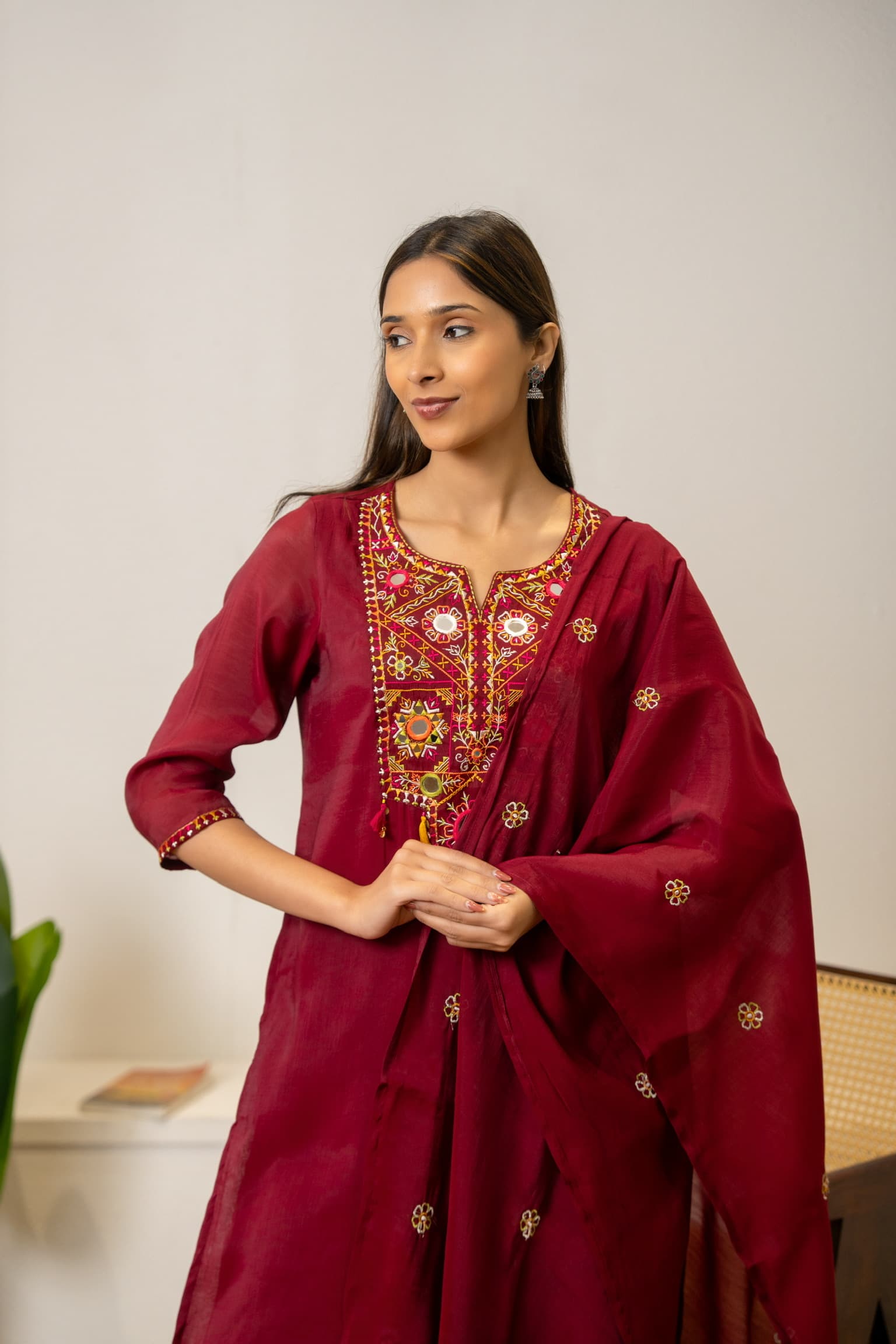 Maroon Embroidered Kurta Set view 5