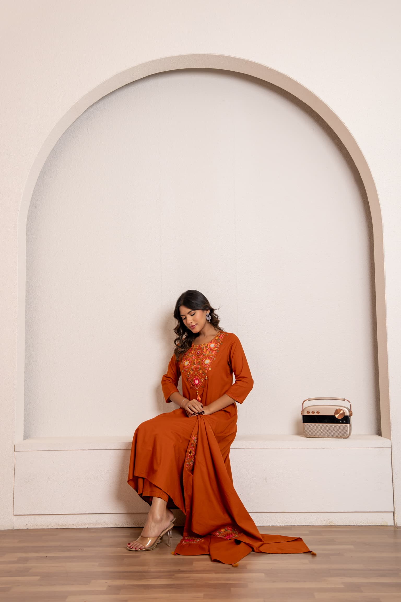 Terracotta Embroidered Kurta Set view 2