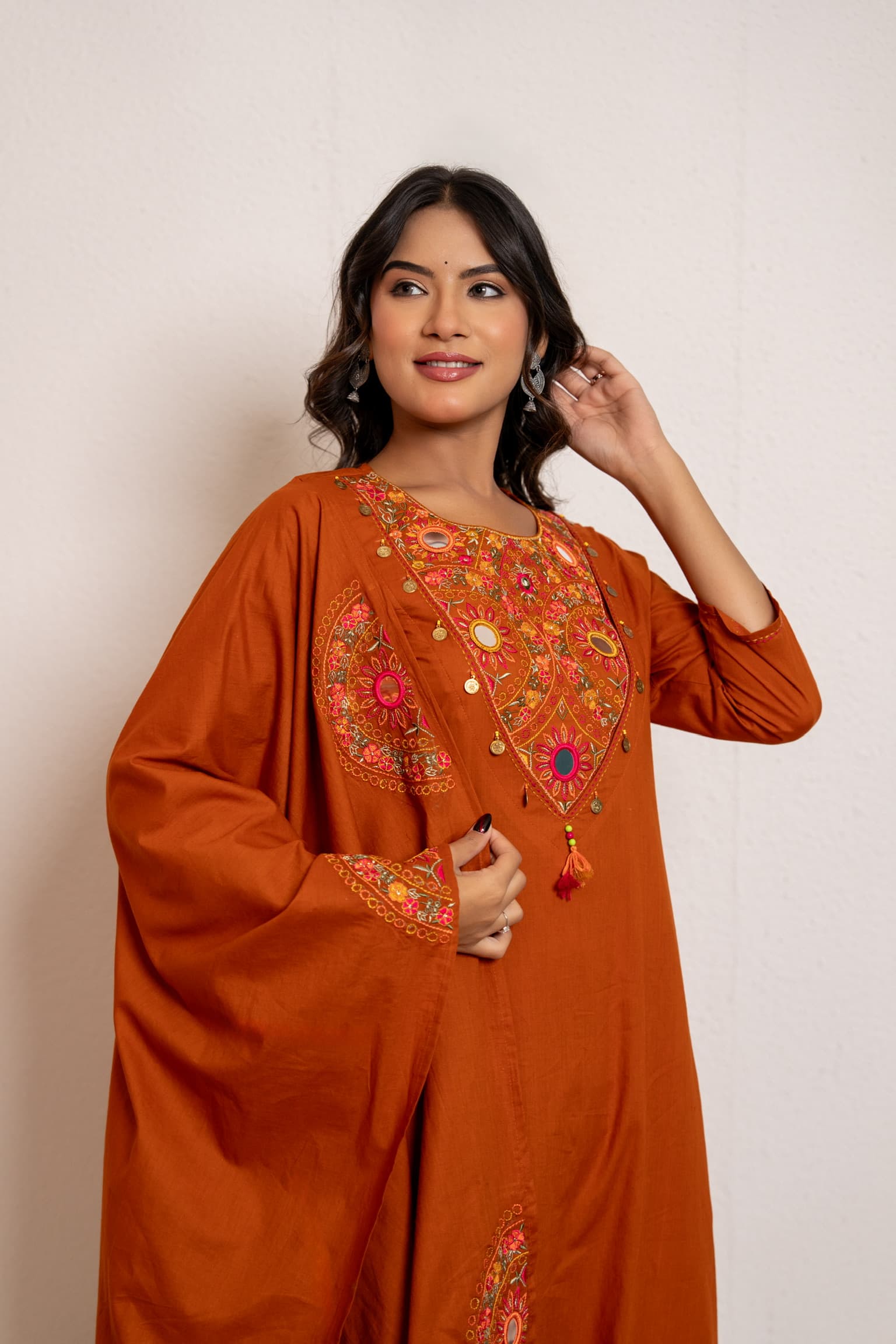 Terracotta Embroidered Kurta Set view 3