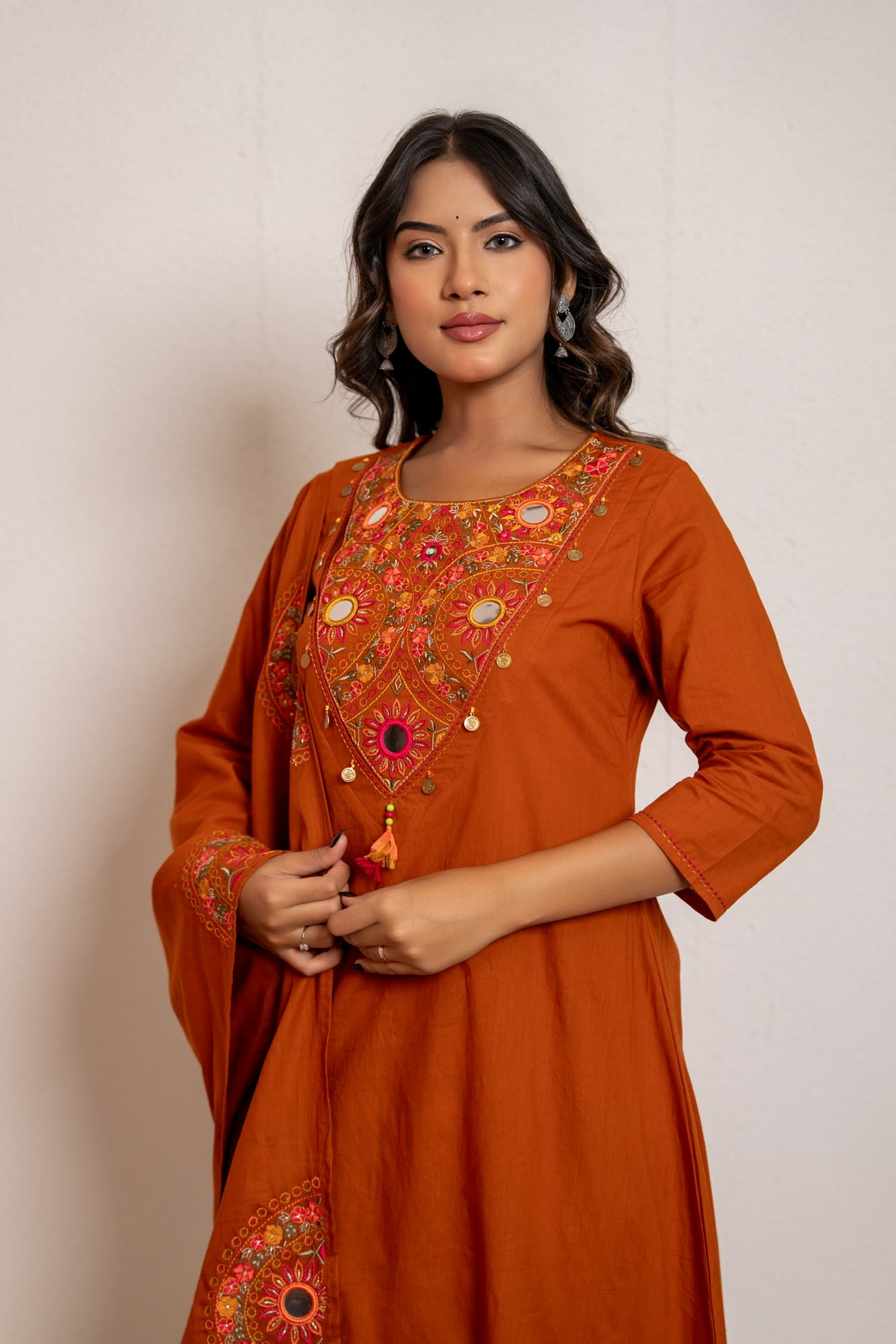 Terracotta Embroidered Kurta Set view 5