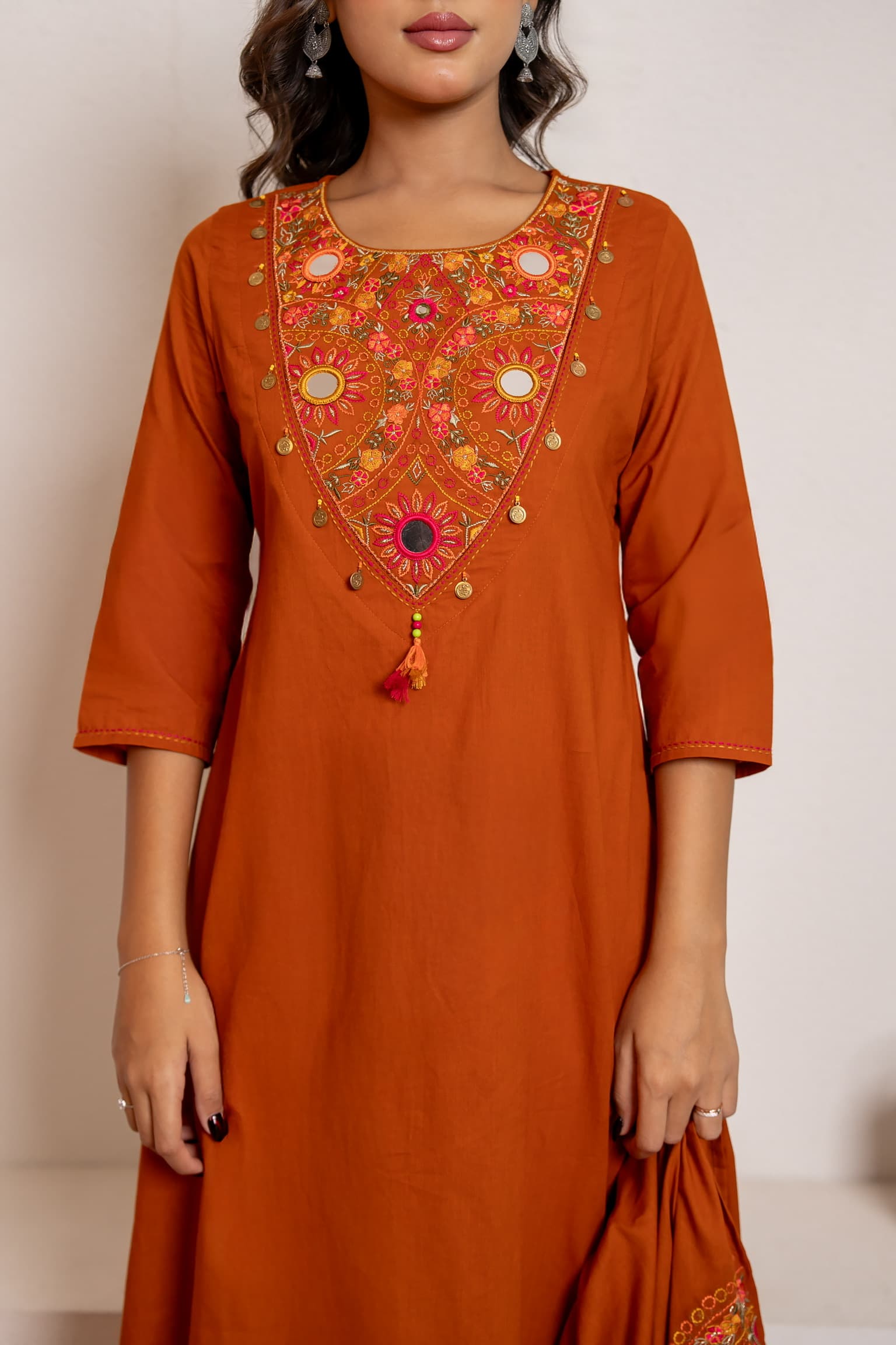 Terracotta Embroidered Kurta Set view 6